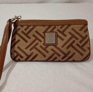 Tignanello Canvas Leather Tan and Brown Wristlet Clutch